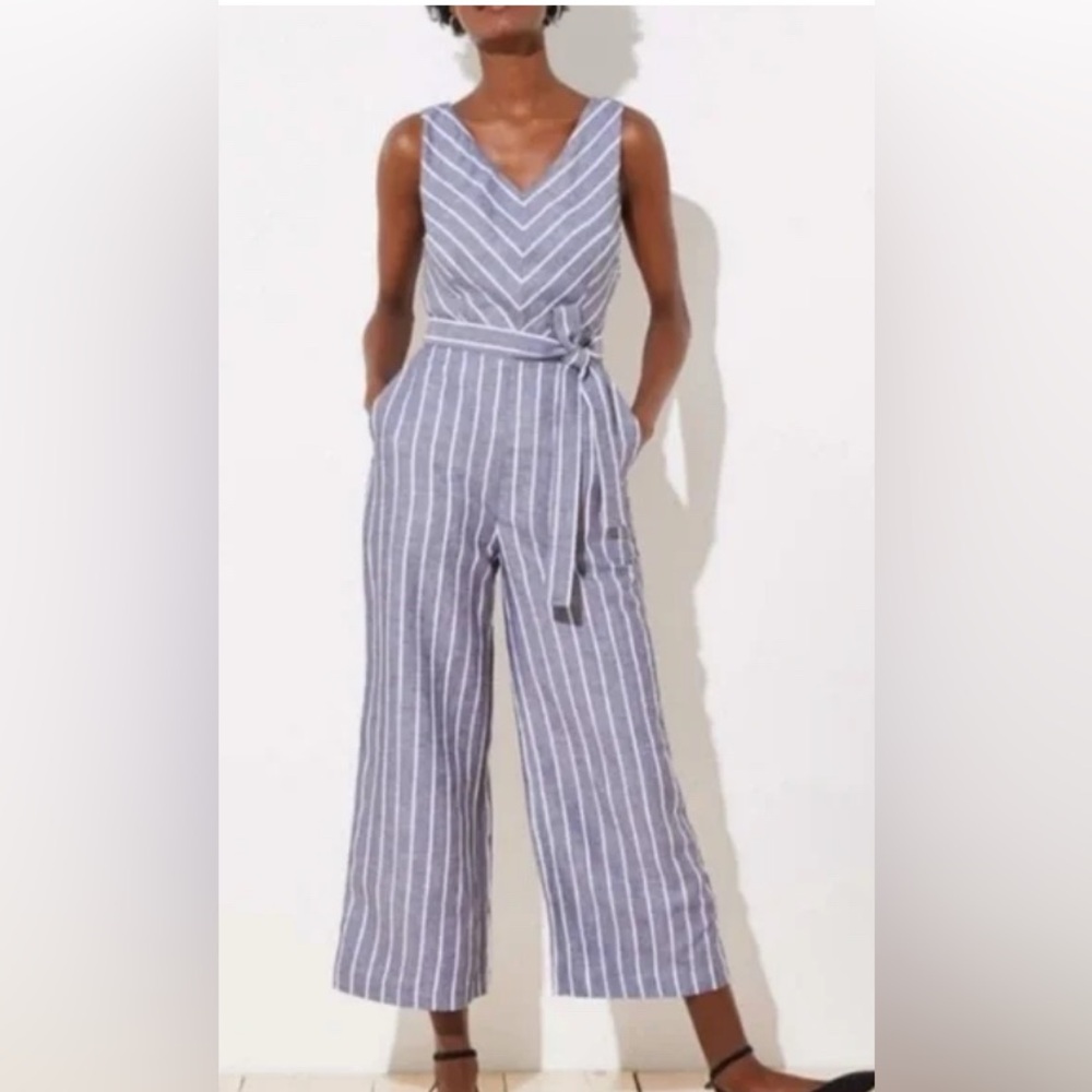 LOFT Blue and White Striped Linen-Blend Sleeveless Jumpsuit